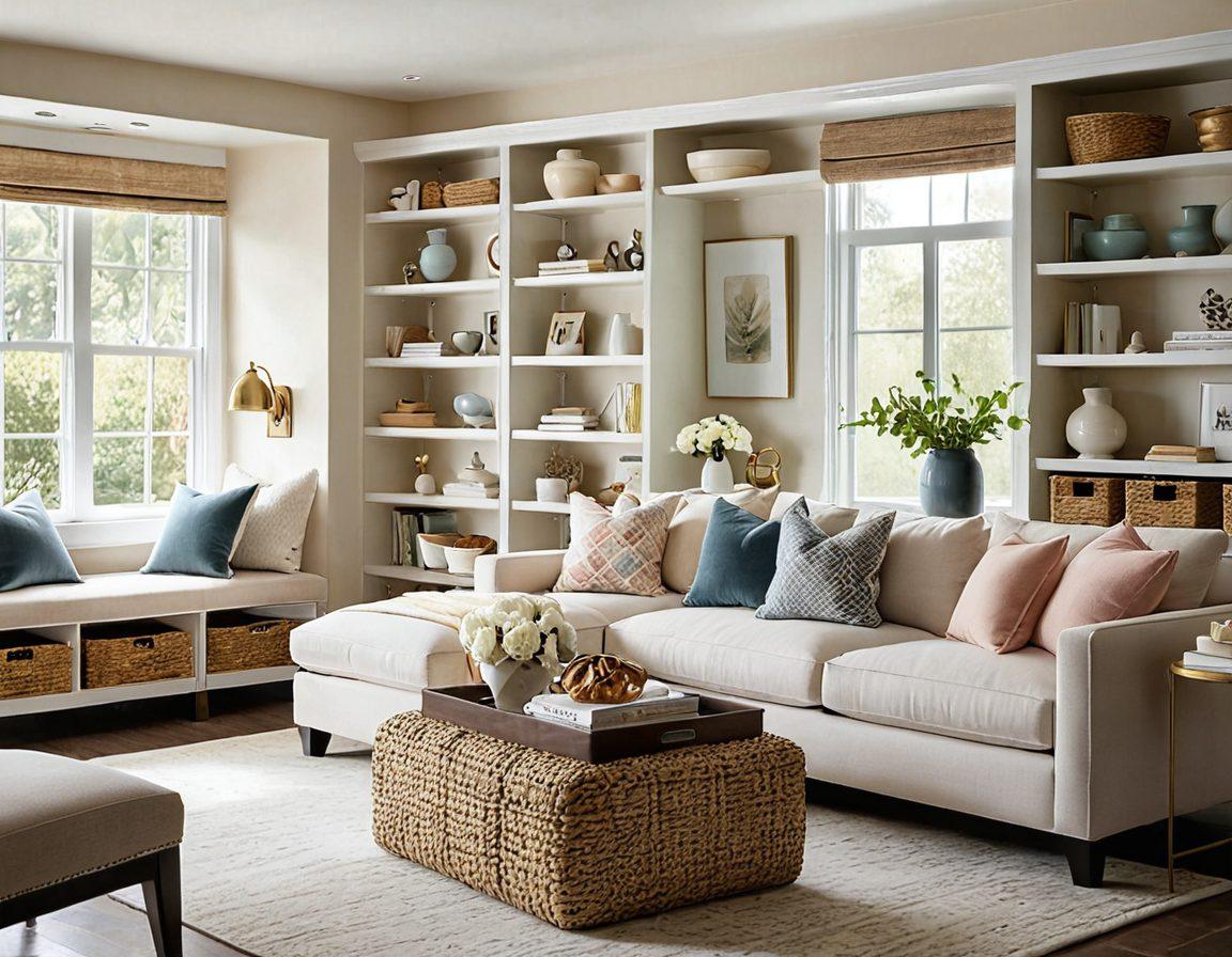 A beautifully organized living space showcasing stylish storage solutions, harmonious color palettes, and elegant decor elements. Include a cozy sitting area with chic furniture, natural light streaming in, and decorative organizational items like baskets and shelves that blend seamlessly with the aesthetic. The atmosphere should evoke comfort and sophistication, reflecting innovative home organization. super-realistic. vibrant colors. soft lighting.