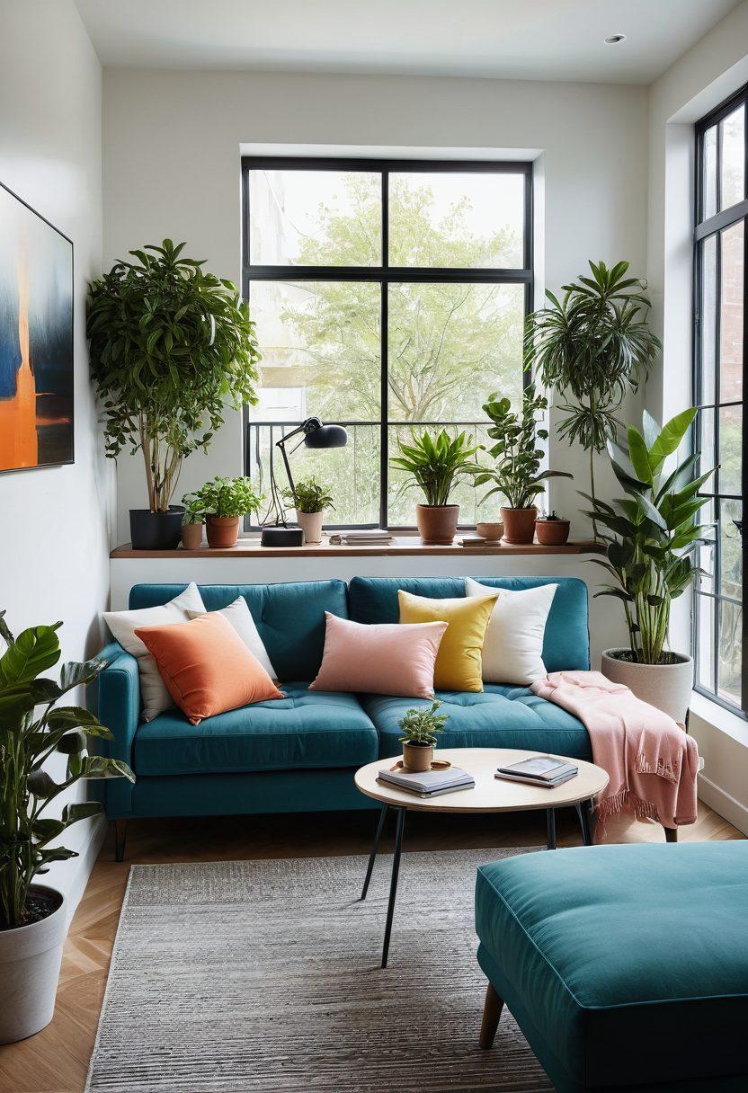 A cozy, modern living room featuring innovative home improvement designs such as multifunctional furniture, bright greenery, and natural light flooding in through large windows. Show a stylish indoor plant display, a chic work-from-home space, and vibrant color accents to reflect a fresh perspective on space transformation. The scene should evoke a sense of comfort and creativity. super-realistic. vibrant colors. bright background.